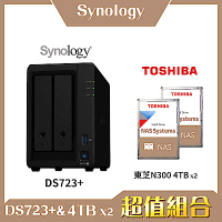 Synology DS723+ 2Bay NAS 網路儲存伺服器＋TOSHIBA N300 3.5吋 4TB-兩入組
