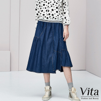 【Vita】純棉鬆緊帶下擺不對稱開岔牛仔長裙-藍