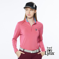 【Lynx Golf】女款遠紅外線保暖內刷毛彩色植絨LOGO長袖立領POLO衫-紅色