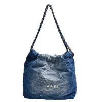 【CHANEL 香奈兒】經典22系品牌LOGO大菱格紋單寧牛仔布銀鍊肩背包(大-藍色AS3260D-BLUE-SSN)