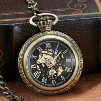 Bronze Mechanical Pocket Watch with Chain Hand Winding Fob Watch without Battery Clock Men Sliver Roman Numbers Engraved Watch