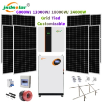 jsdsolar Grid Tied Solar Power System Complete Kit for Home 6-24KW with IP65 Inverter LiFePO4 Battery Solar Panels Mounting Part