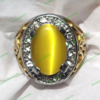 Cincin Titanium Batu Akik Mata Kucing Kuning Cat Eye Yellow