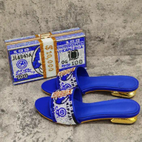 Hot Sale Blue Low Heel 2.3CM Women Shoes Match Purse With Rhinestone Decoration African Handbag Set CR668