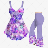 Plus Size Women's Matching Set Rose Flower Glitter Sequin 3D Print Daily Casual Cinched Tank Top Or Flare Pants Suit