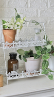 花園雜貨鐵藝做舊白色蕾絲二層置物架花架花盆架戶外