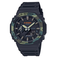 【CASIO 卡西歐】G-SHOCK 街頭時尚八角形雙層錶圈雙顯錶-黑X綠迷彩(GA-2100SU-1A)