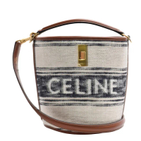 【CELINE】經典TEEN BUCKET 16品牌LOGO帆布手提/斜背水桶包(米色197572ERF.01WB)