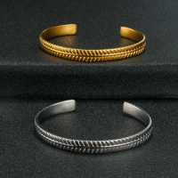 Vintage Thai Gold Silver Feather Leaf Bamboo Weave Bangle Bracelet Open Cuff Bangle for Women Men Titanium Steel Jewelry Gifts