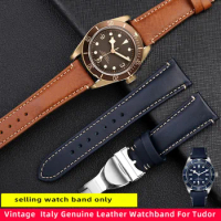 Premium Italian Cowhide Strap For Tudor Bronze Black Bay Small Red Flower Vintage Leather Watch Band 22mm Folding Buckle Style