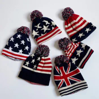 Winter Usa Flag Beanie Pom Poms Ball Knitted Hats For Men Vintage Blue Red Unisex Outdoor Warm Wool Hat Men'S Sport Skullies Cap