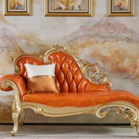 European-style chaise longue, solid wood, concubine, living room, single sofa bed, lazy recliner, bedroom, leather beauty