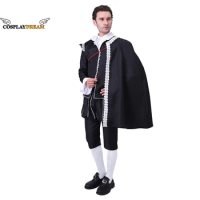 Tudor Elizabethan Cosplay Costume Renaissance Medieval Mens Prince King Military Black Velour Suit Tudor Royal Court Costume