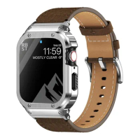 Metal Case+Genuine Leather Strap For Apple Watch Band 44mm 45mm 40mm 41mm 45 mm bracelet iwatch series se 8 7 6 5 4 ultra 49mm