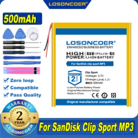 LOSONCOER-500mAh Bateria para SanDisk, Clip Bateria Esporte, SDMX24 Bluetooth MP3 Baterias, 100% Original, Em estoque, Novo