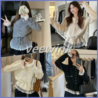 Veewink พร้อมส่งจากกทม เสื้อกันหนาวสไตล์เกาหลี เอวรูด ระบายลูกไม้ คอกลม กระดุมแถวเดียว เนื้อผ้านุ่ม 