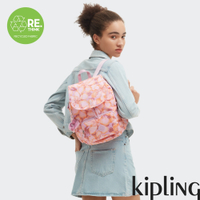 『猴子包』Kipling 粉橘花卉印花拉鍊掀蓋後背包-CITY PACK S