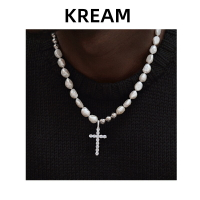 KREAM 天然異形珍珠純銀十字架吊墜項鏈男女同款嘻哈毛衣鎖骨鏈
