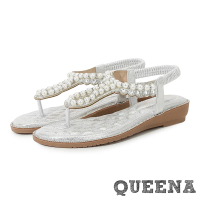 【QUEENA】坡跟涼鞋 T字涼鞋/華麗珍珠蕾絲花邊燙鑽T字夾腳坡跟涼鞋(2色任選)