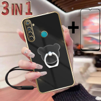 เคสโทรศัพท์ 3 in 1 สำหรับ Realme 5, 5i, 5s, 6i, พร้อมขาตั้งหมุนได้น่ารัก, ฟิล์มเซรามิกและเชือกโทรศัพ