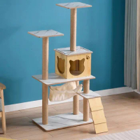 Cat Climbing Tree, Wooden Scratcher Cat Furniture Tower, Easy Clean Wood Pet Tree Condo, Kittens Toy Perch Deck