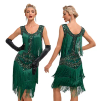 4-colors 1920S Flapper Vintage Gatsby Cocktail Ball Dress Dance Dress Round Neck Sequin Beaded Tassel Tank Top Large Dress