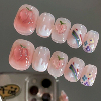 【HANDMADE】Artificial Nail Phototpy Nails patch short rainbow peach nail sticker detachable manicure