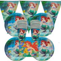 72pc-set Mermaid princess Birthday Party Cutlery Kids Party Decoration Cup Plate Banner Baby Bath Party Supplies Dinner sets