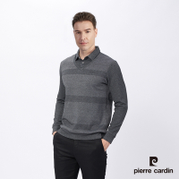 Pierre Cardin皮爾卡登 男款 棉質混紡橫條假兩件襯衫領刷毛長袖POLO衫-深灰色 (5215290-98)