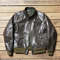 A2 Olive Vegetable-Tanned Goatskin Jacket Vintage American Leather Lapel Men's Flight Jacket