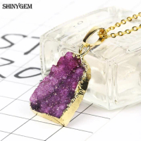 ShinyGem Irregular Big Natural Crystal Pendant Bohemian Aurora Druzy Stone Gold Plating Necklace For Women