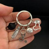 New doctor keychain medical tool key ring injection syringe stethoscope nurse cap mask key chain doctor gift DIY handmade