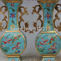 bi001336 Royal Chinese Palace Cloisonne Enamel Bronze Gild Phoenix Statue Pot Vase Pair