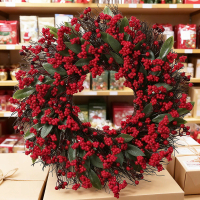 Junda New Christmas Artificial Holly Christmas Simulation Green Leaves Red Berries Wreath Home Door 