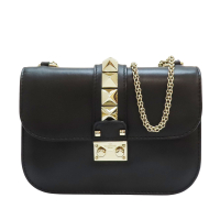 【二手名牌BRAND OFF】Valentino 華倫天諾 黑色 皮革 Glam Lock Flap 肩背包 鍊帶