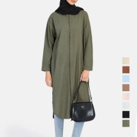 Women's Plain Casual Long Sleeve Shirt Dress Muslimah Cardigan Blouse Cotton Linen Loose Lady Abaya Summer Tunic Jilbab S-3XL