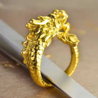 Pure 24K Yellow Gold Ring 999 Gold 3D Dragon Ring Bring Lucky