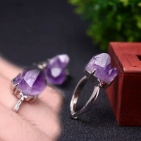 Natural Vintage Amethyst Cluster Ring Crystal Rough Stone Flower Adjustable Energy Silver Jewelry Sets Accessorl Gift Punk