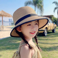 Children's Sunscreen Hat for Spring Travel Girls in Summer Straw Hat for UV Protection Bowtie Straw Hat
