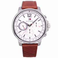 【Tommy Hilfiger】Tommy 美國時尚三眼流行風格優質皮革腕錶-白+咖啡-1791531