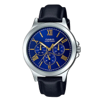 【CASIO 卡西歐】CASIO 羅馬三眼指針男錶 皮革錶帶 普魯士藍 生活防水(MTP-V300L-2A)