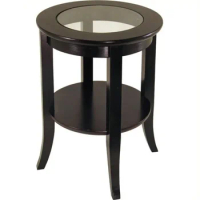 Wood Round End Table with Glass Top, Espresso Finish