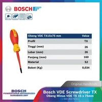 Bosch VDE Screwdriver Torx Obeng Bintang VDE Ukuran TX 15 x 75 mm Professional