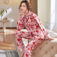 New Autumn Pyjamas Women Lace Pajama Sets Lovely Floral Print Sleepwear For Women M-XXXL Modal Cotton Pijamas Mujer