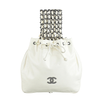 展示品CHANEL DUAL TWIN雙C LOGO小牛皮抽繩鏈帶手提包(迷你/白)
