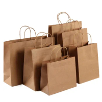 10pc Kraft Paper Bag with Handles Solid Color Gift Packing Bags for Store Clothes Wedding Christmas Party Food Milk Tea Supplies