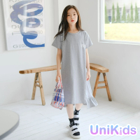 【UniKids】中大童裝短袖翻領洋裝裙襬拼接設計感 女大童裝 VWHT237(灰)