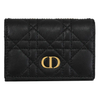 【Dior 迪奧】Caro Glycine 簡約金屬LOGO格紋小牛皮信用卡零錢包簡易短夾(黑)