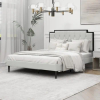 Upholstered Platform Queen Size Bed Frame with Headboard Premium Stable Wood Slat Support No Box Spring Required Light Grey