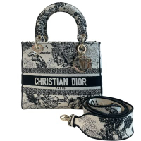 二手品 DIOR LADY黑白刺繡黛妃包 中號